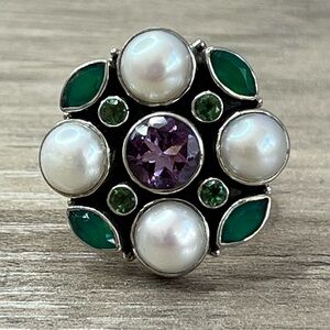 Nicky Butler SS Amethyst Chalcedony Topaz and Freshwater Pearl Multi Gem Ring